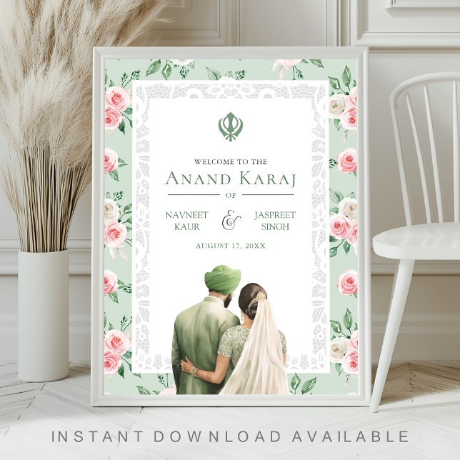 Mint Rosa Blommig Anand Karaj Bröllops Välkomstsky Poster (Skapare uppladdad)