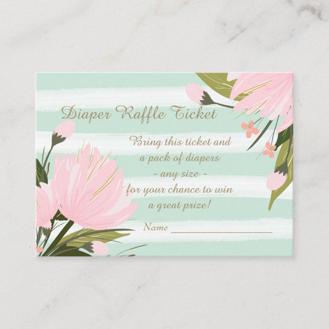 Mint Rosa Blommig Baby Shower Blöja Lotteri Biljet Tilläggskort (Framsida)