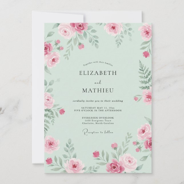Mint Rosa Blommig Bröllop Inbjudningar (Framsida)
