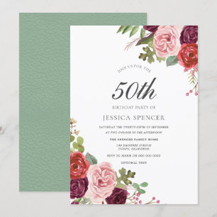 Mint Rosa Blommigt 50 Födelsedagsfest Inbjudan