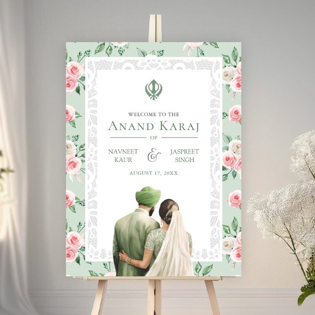 Mint Rosa Blommigt Anand Karaj Bröllop Välkomsttec Poster (Skapare uppladdad)