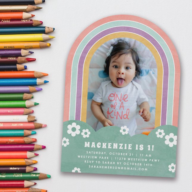 Mint Rosa Blommigt Rainbow Barn Birthday-inbjudan Inbjudningar (Skapare uppladdad)