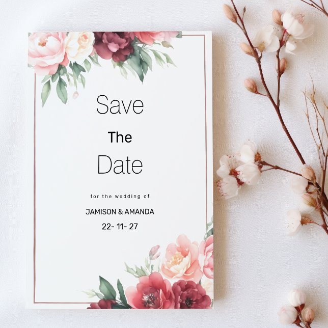 Mint rosa burgunder vattenfärg blomsterlig Save Th Inbjudningar (Mint pink burgundy watercolor floral Save The Date )
