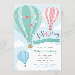 Mint & Rosa Luftballong Birthday-inbjudan Inbjudningar