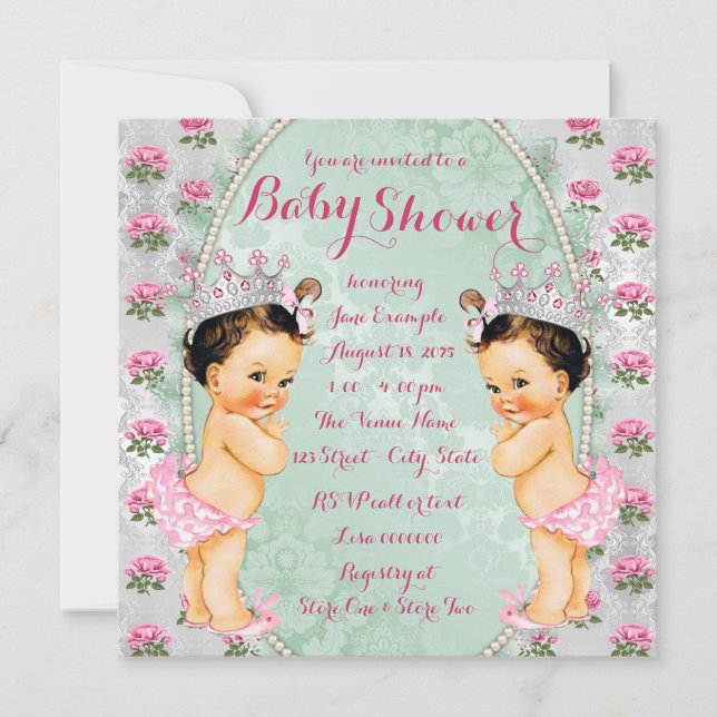 Mint Rosa ros Twin Girl Baby Shower-inbjudningar Inbjudningar (Framsida)