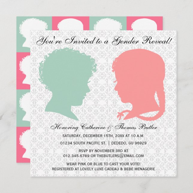 Mint & Rosa Victorian Silhouette Gender Reveal Inbjudningar (Fram/baksida)