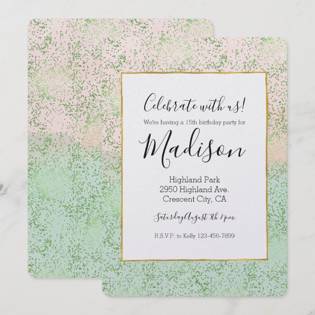 Mint  Rosa Watercolor Confetti Dots Inbjudningar (Fram/baksida)