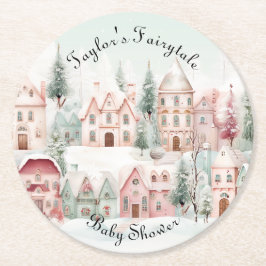 Mint Rosa Watercolor Winter Fairytale Baby Shower Underlägg Papper Rund