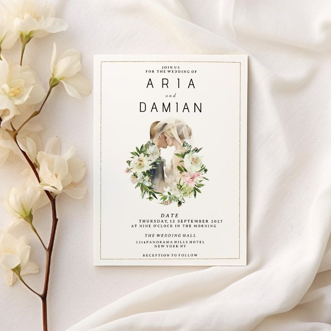 Mint rosa white-blommigt par bild Bröllop Inbjudningar (Mint pink white floral couple photo Wedding)