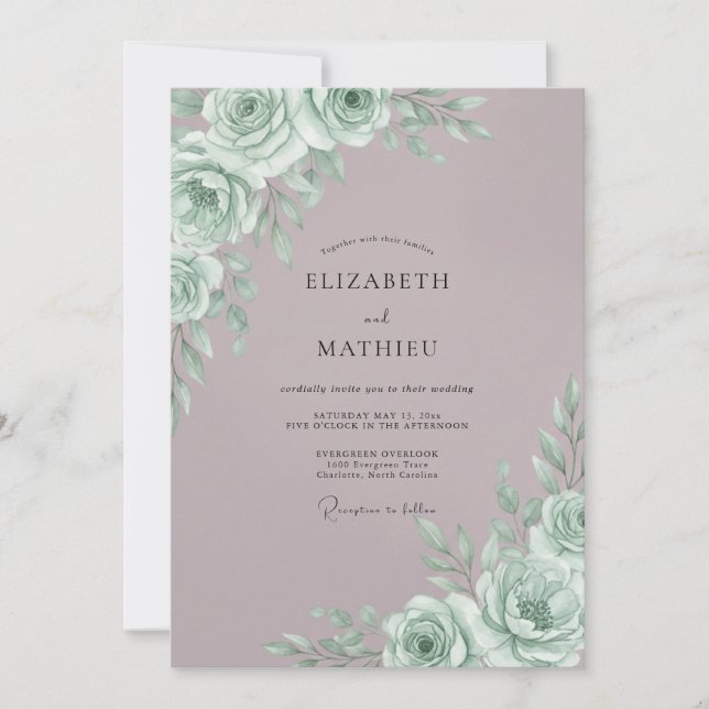 Mint Rose Botanical Romance Wedding Inbjudningar (Framsida)
