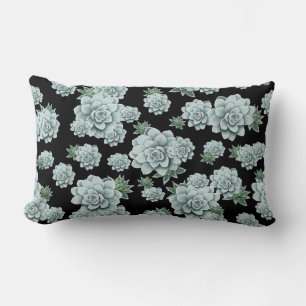 Mint Rosette Succulents Upprepa utskrift på svart Lumbarkudde