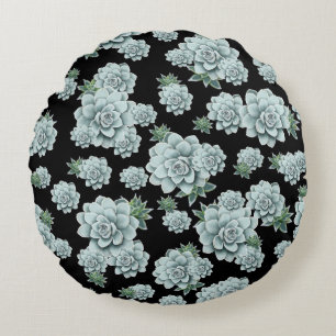 Mint Rosette Succulents Upprepa utskrift på svart Rund Kudde