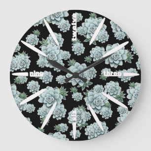 Mint Rosette Succulents Upprepa utskrift på svart Stor Klocka
