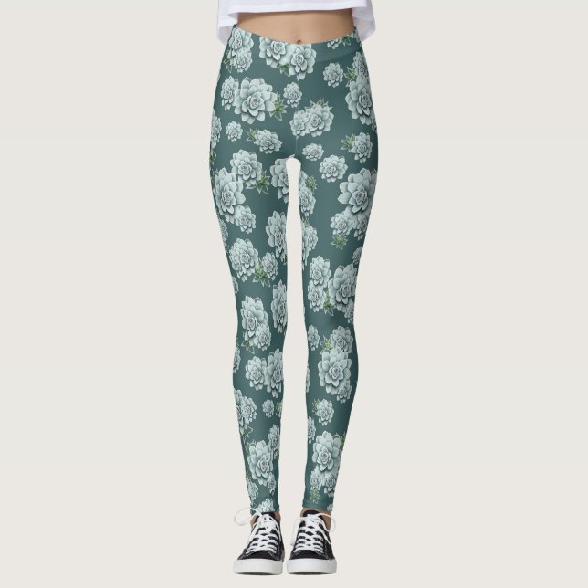Mint Rosette Succulents Upprepa utskriften på Grön Leggings (Framsida)