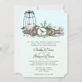Mint Rustic Romantic Love Bird Birdcage Oak Träd Inbjudningar
