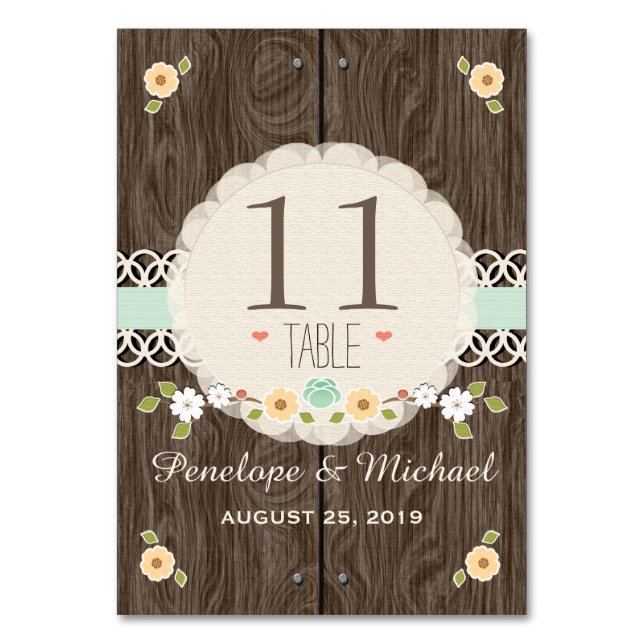 MINT RUSTISK BLOMMIGT BOHO BRÖLLOP BORDSNUMMER CAR (Framsidan)