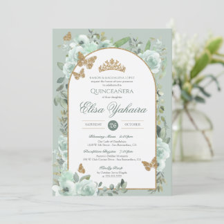 Mint Sage Grönt Watercolor Butterfly Quinceanera Inbjudningar