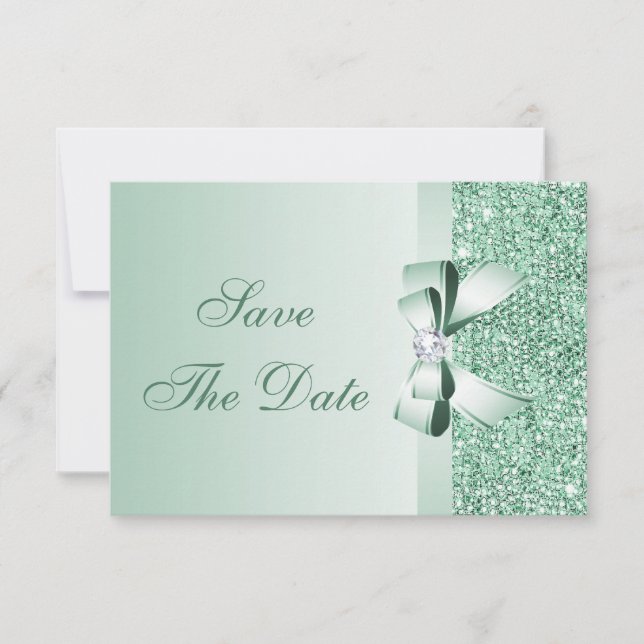 Mint Sequins, Bow & Diamond Save Date Bröllop Spara Datumet (Framsida)