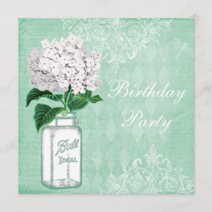 Mint Shabby Chic-burk & Hydrangea-födelsedagsfest Inbjudningar