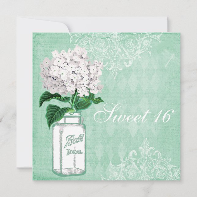 Mint Shabby chic Mason Burk & Hydrangea Sweet 16 Inbjudningar (Framsida)