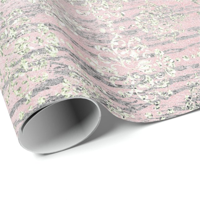 Mint Silver Foxier Rosa  Damask Wood Rustic Presentpapper (Rullad Hörn)