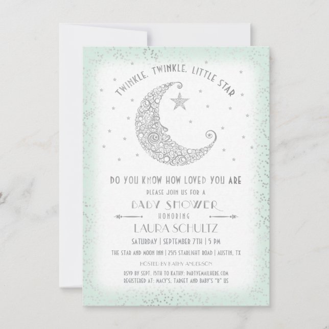 Mint Silver Glitter Lille Stjärna Barnkalas Inbjudningar (Framsida)