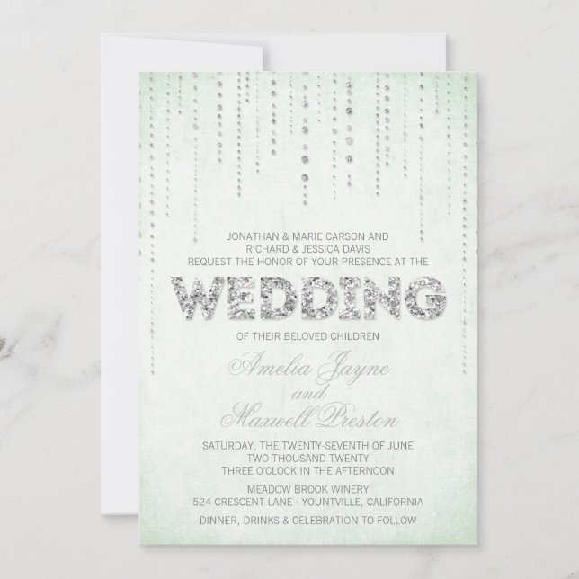 Mint & Silver Glitter Titta på bröllopsinbjudan Inbjudningar (Framsida)