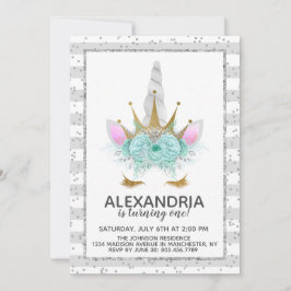 Mint, Silver & Guld Enhörningsprinsessa Födelsedag Inbjudningar