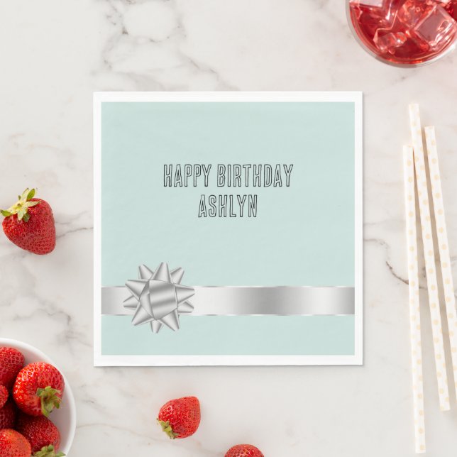 Mint Silver Ribbon Bow Birthday Pappersservett (Insitu)