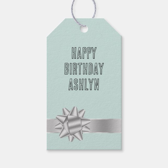 Mint Silver Ribbon Bow Birthday Presentetikett (Framsidan)