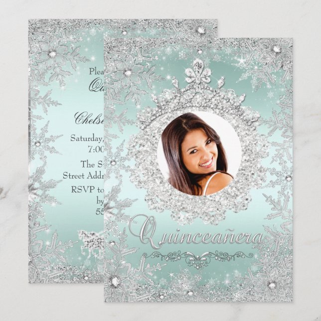 Mint Silver Tiara Snöflinga Glitter Quinceanera Inbjudningar (Fram/baksida)