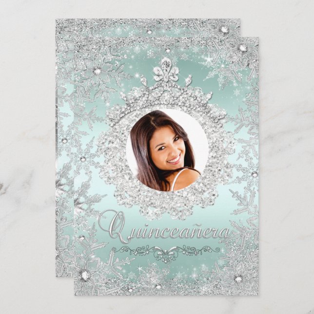 Mint Silver Tiara Snowflake Gnistra Quinceanera Inbjudningar (Fram/baksida)