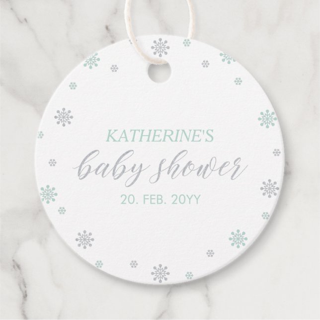 Mint & Silver Winter Wonderland Baby Shower Gåvor Etiketter (Framsida)