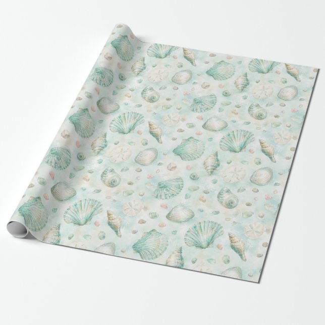 Mint Snäckskal Vattenfärg Havsmönster Presentpappe Presentpapper (Utrullad)
