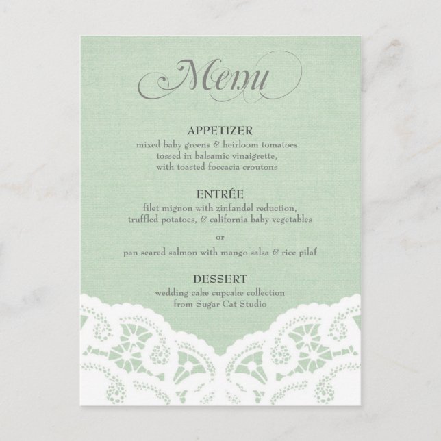 Mint Snöre Doily Bröllop Menu Vykort (Framsida)