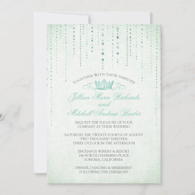 Mint Sparkles & Krona Fairytale Wedding bjudande Inbjudningar (Framsida)