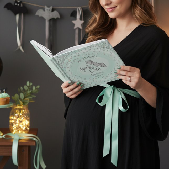 Mint Spooky Cute Fladdermus Halloween Baby Shower Gästböcker (Spooky Cute Halloween Baby Shower Mint Guest Book. Cute Drawings of Baby Bats, Stars, Moons & Webs)