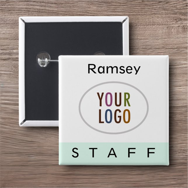 Mint staff Pinback Namn bricka Business Logotyp Sq Knapp (MISOOK Staff Name Square Button with Logo Mint Green)