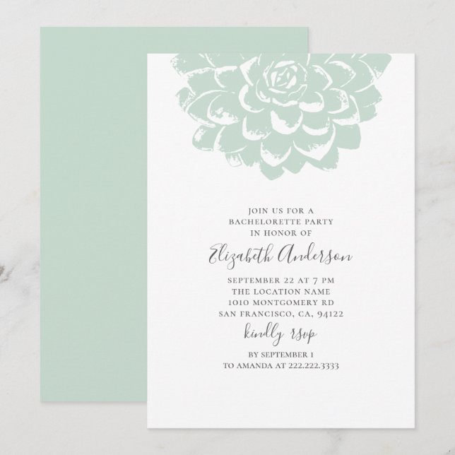 Mint Succulent. Modern cactus bachelorette Party Inbjudningar (Fram/baksida)