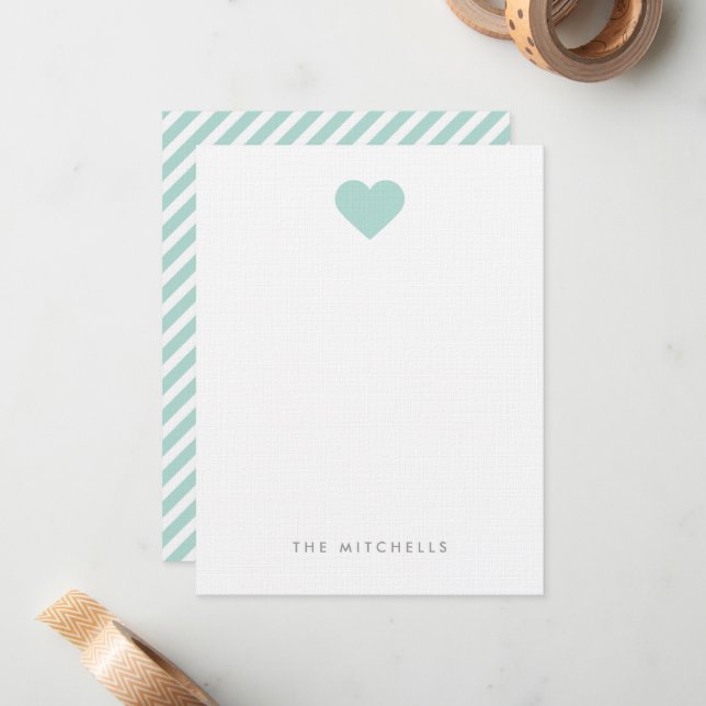 Mint Sweet Heart Monogram Stationery Anteckningskort (Fram/Back In Situ)