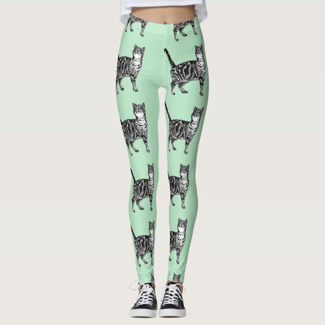 Mint Tabby katt Animal Black and White Leggings (Framsida)