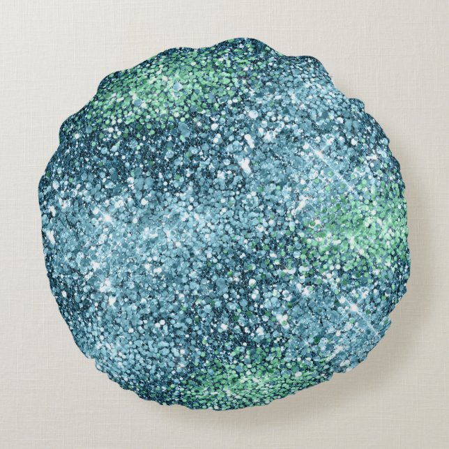 Mint Teal Aqua Gnistra Glitter Rund Kudde (Baksidan)