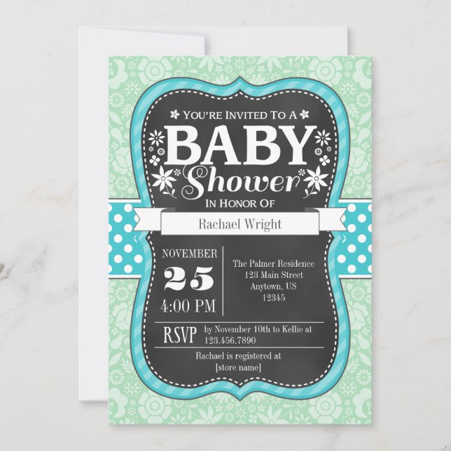 Mint Teal Chalkboard Blommigt Baby Shower Inbjudan (Framsida)