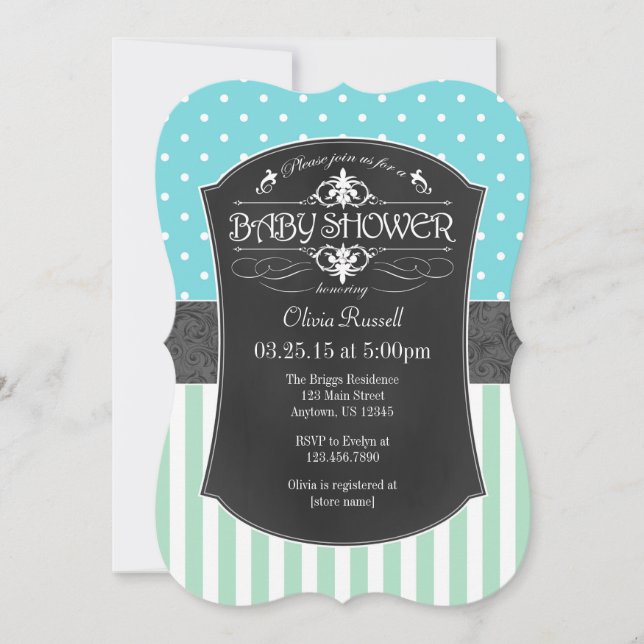 Mint Teal Chalkboard Rand Baby Shower Inbjudan (Framsida)
