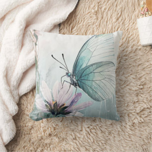 Mint Teal Fjäril Mjuk Pastell Blomma Kudde