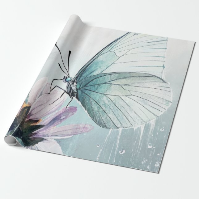 Mint Teal Fjäril Mjuk Pastell Blommig Presentpapper (Utrullad)