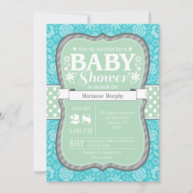 Mint Teal Grått Blommigt Flower Baby Shower Inbjud Inbjudningar (Framsida)