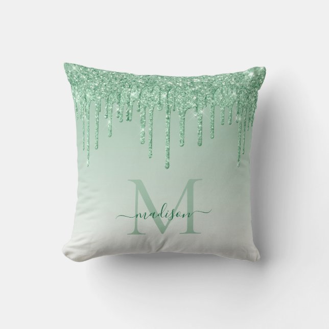 Mint Teal Grön Glitterdroppar Glam Monogram Skrift Kudde (Framsida)
