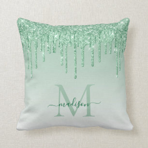 Mint Teal Grön Glitterdroppar Glam Monogram Skript Kudde