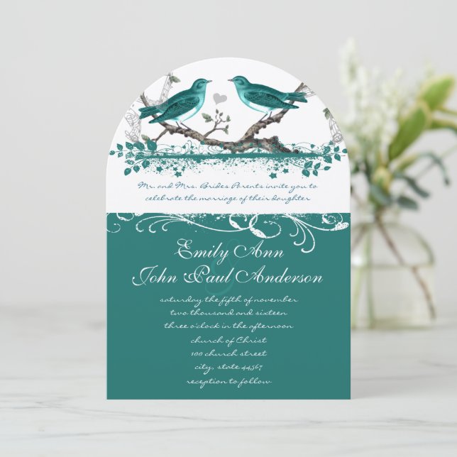Mint Teal Romantic Rustic Love Bird Bröllop Inbjudningar (Stående Fram)